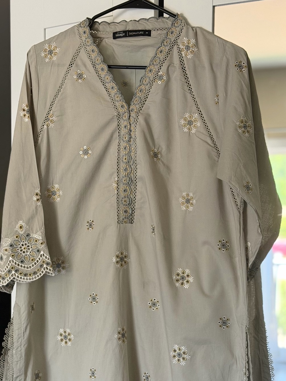 Embroidered Neutral coord set with Eyelet Detailing